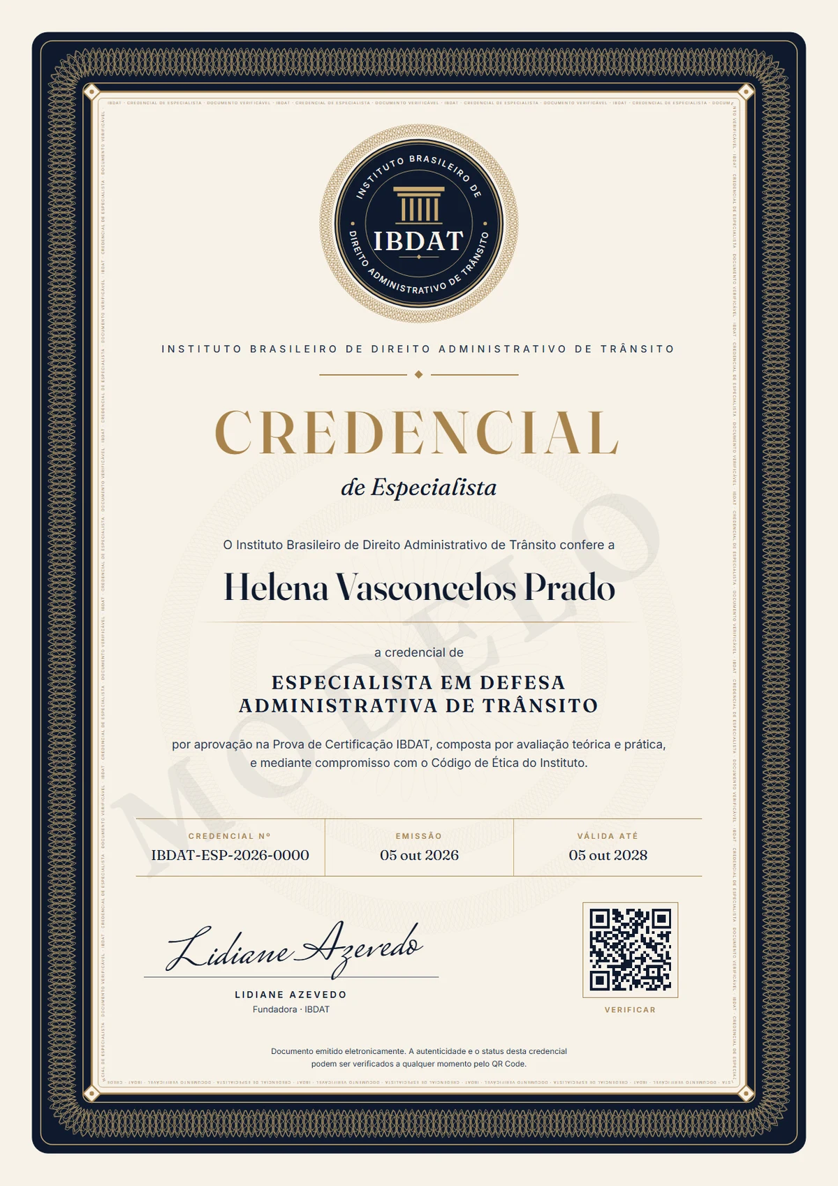 Modelo ilustrativo da credencial emitida pelo IBDAT